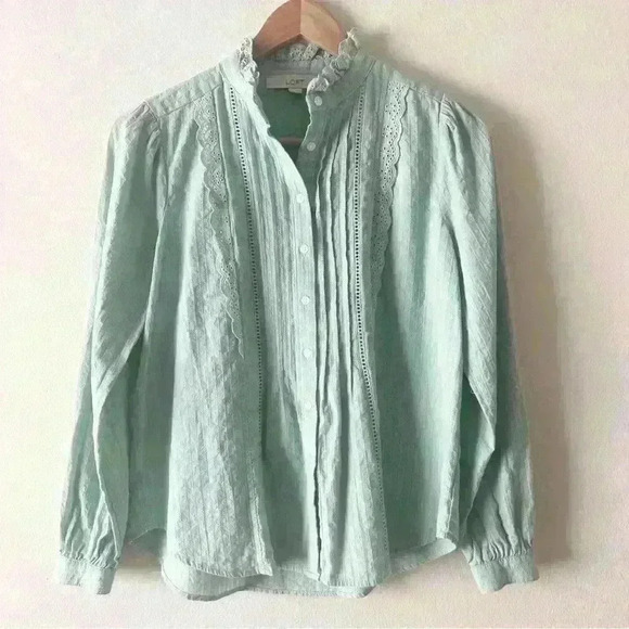 LOFT Sz PS Small Mint Green Lace Bib Front Button Down 100% Cotton Shirt Prairie - Picture 1 of 5